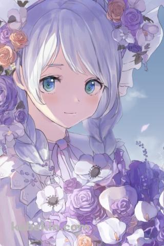 紫の花束を持つ若宮イヴ / バンドリ！のAndroidの壁紙(320px x 480px) スマホ用