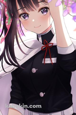 藤の花と微笑む栗花落カナヲ(つゆりカナヲ) / 鬼滅の刃のAndroidの壁紙(320px x 480px) スマホ用