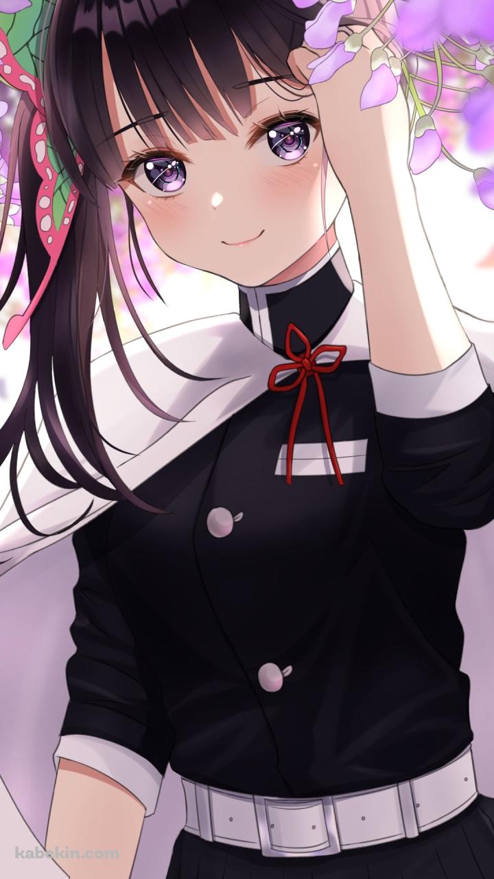 藤の花と微笑む栗花落カナヲ(つゆりカナヲ) / 鬼滅の刃のAndroidの壁紙(720px x 1280px) スマホ用