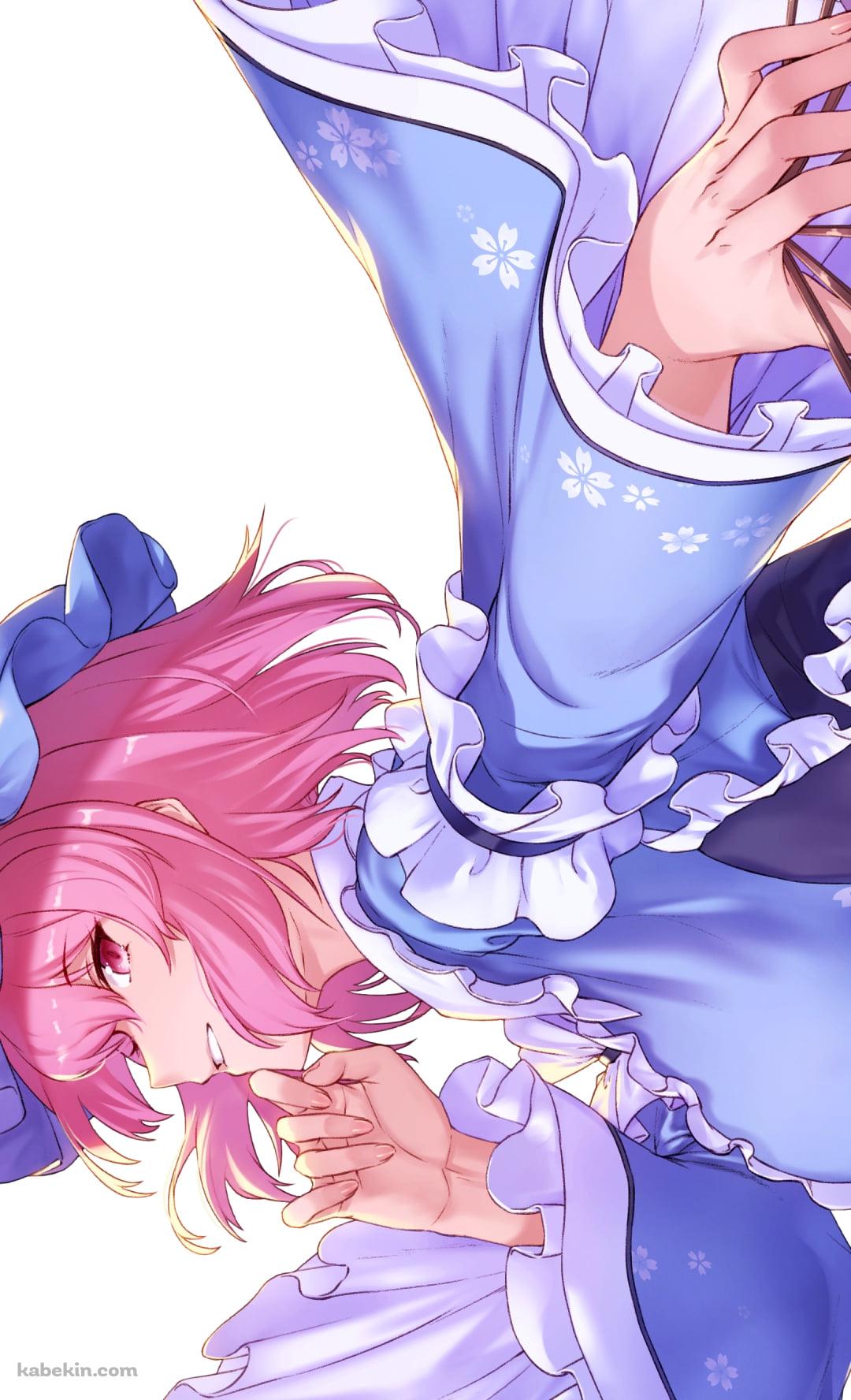 紫の扇子を持ち微笑む綺麗な西行寺幽々子（さいぎょうじ ゆゆこ） / 東方のAndroidの壁紙(1080px x 1776px) スマホ用