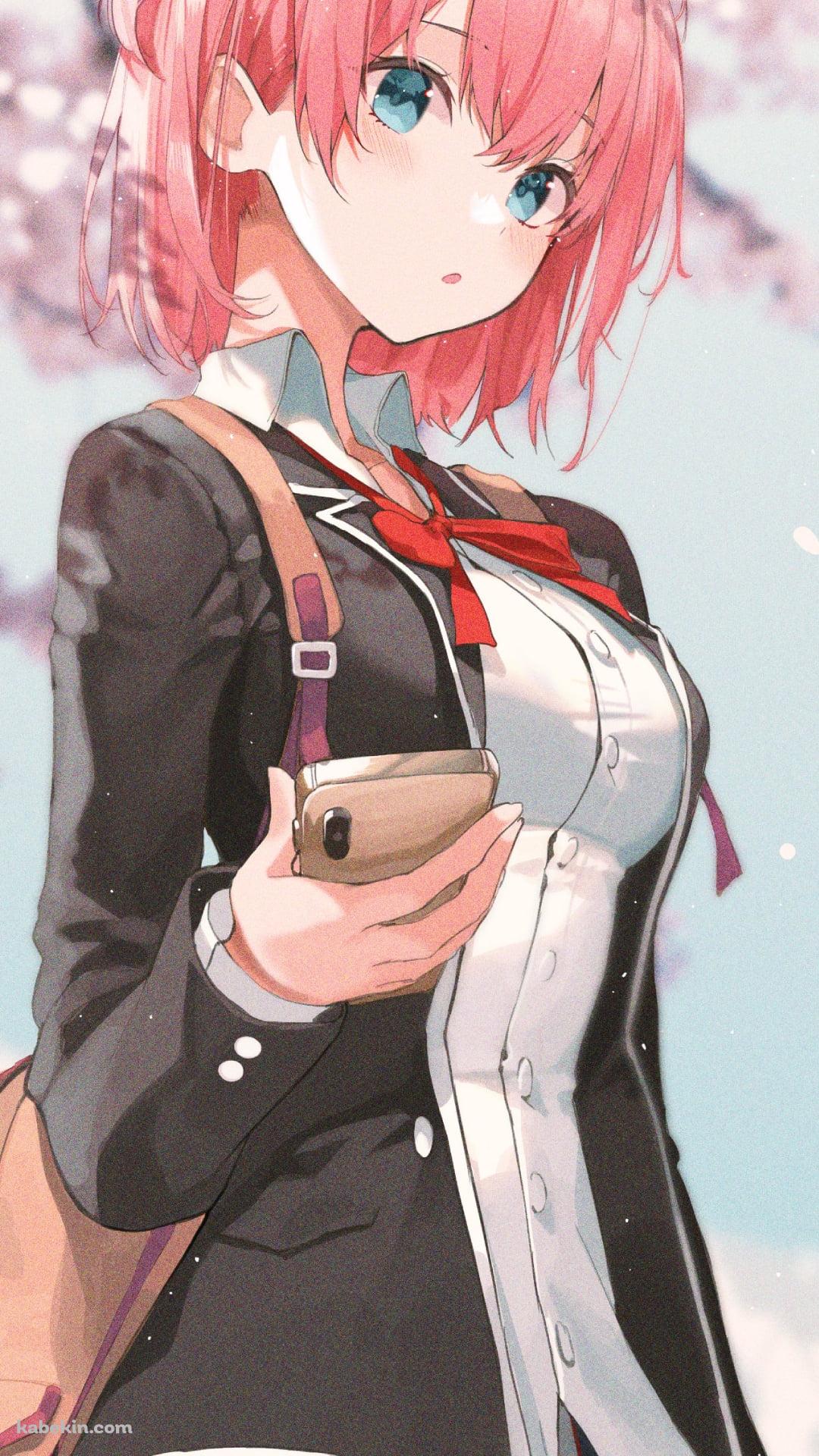 ピンクのお団子ヘアーの可愛い由比ヶ浜結衣 / 桜 / ピンクのスマホ / 制服 / やはり俺の青春ラブコメはまちがっている。のAndroidの壁紙(1080px x 1920px) スマホ用