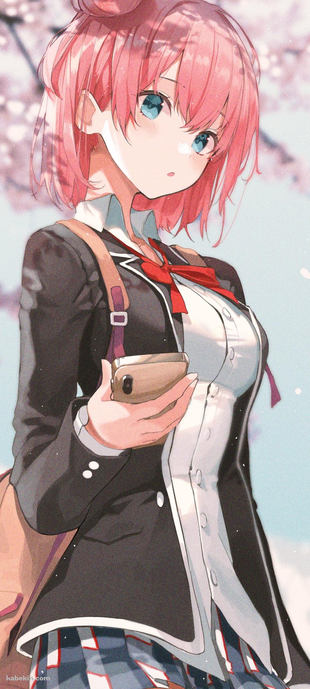 ピンクのお団子ヘアーの可愛い由比ヶ浜結衣 / 桜 / ピンクのスマホ / 制服 / やはり俺の青春ラブコメはまちがっている。のAndroidの壁紙(1080px x 2400px) スマホ用