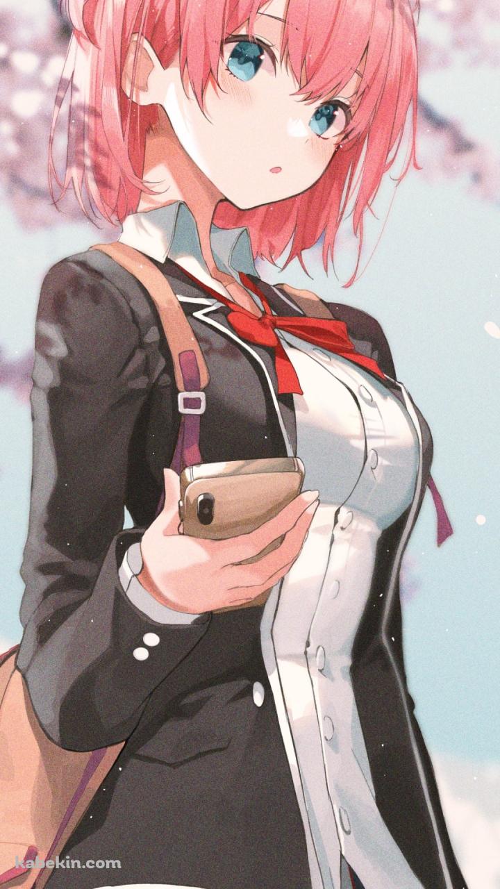 ピンクのお団子ヘアーの可愛い由比ヶ浜結衣 / 桜 / ピンクのスマホ / 制服 / やはり俺の青春ラブコメはまちがっている。のAndroidの壁紙(720px x 1280px) スマホ用