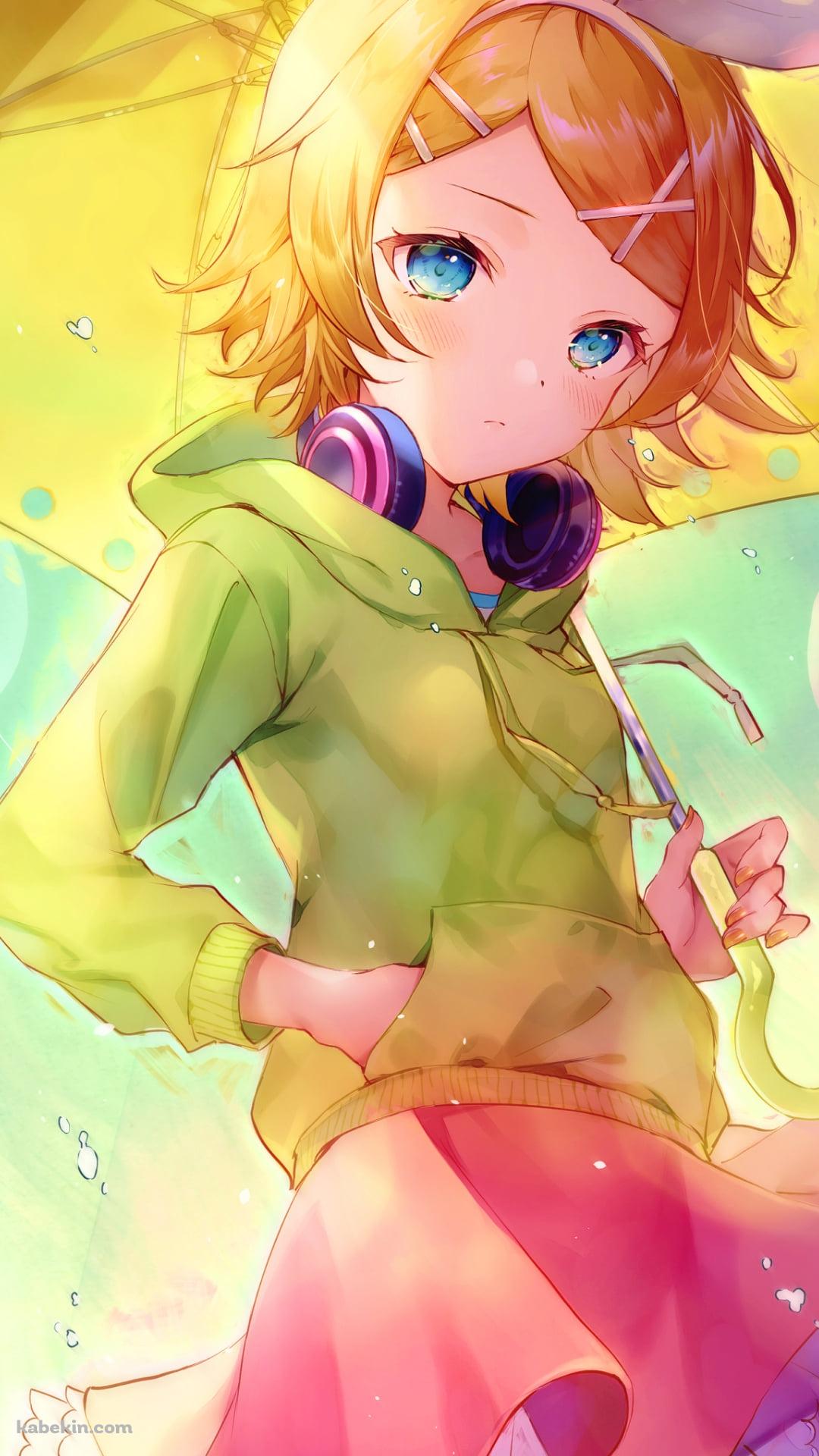 黄色い傘をさした可愛い鏡音リン / ボカロ / ボーカロイドのAndroidの壁紙(1080px x 1920px) スマホ用