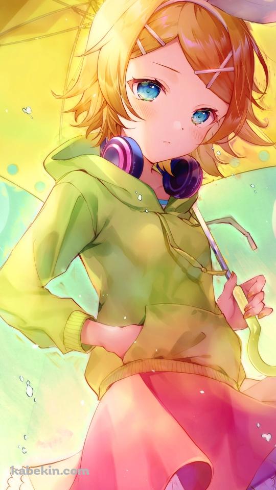 黄色い傘をさした可愛い鏡音リン / ボカロ / ボーカロイドのAndroidの壁紙(540px x 960px) スマホ用
