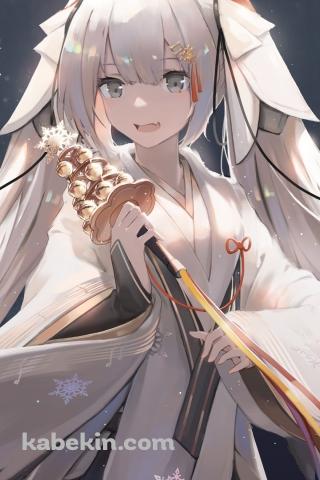 白い巫女の衣装の可愛い雪ミク / 初音ミク / ボカロ / ボーカロイドのAndroidの壁紙(320px x 480px) スマホ用