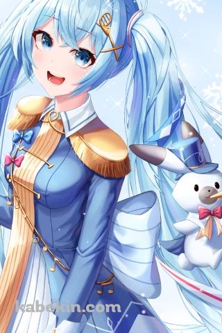 雪ミクとラッパを吹くラビット・ユキネ / 初音ミク / ボカロ / ボーカロイドのAndroidの壁紙(320px x 480px) スマホ用