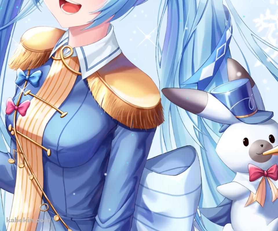 雪ミクとラッパを吹くラビット・ユキネ / 初音ミク / ボカロ / ボーカロイドのAndroidの壁紙(960px x 800px) スマホ用
