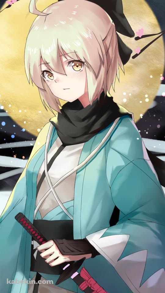 満月と黒い刀を持つ沖田総司 / fate/grand orderのAndroidの壁紙(540px x 960px) スマホ用