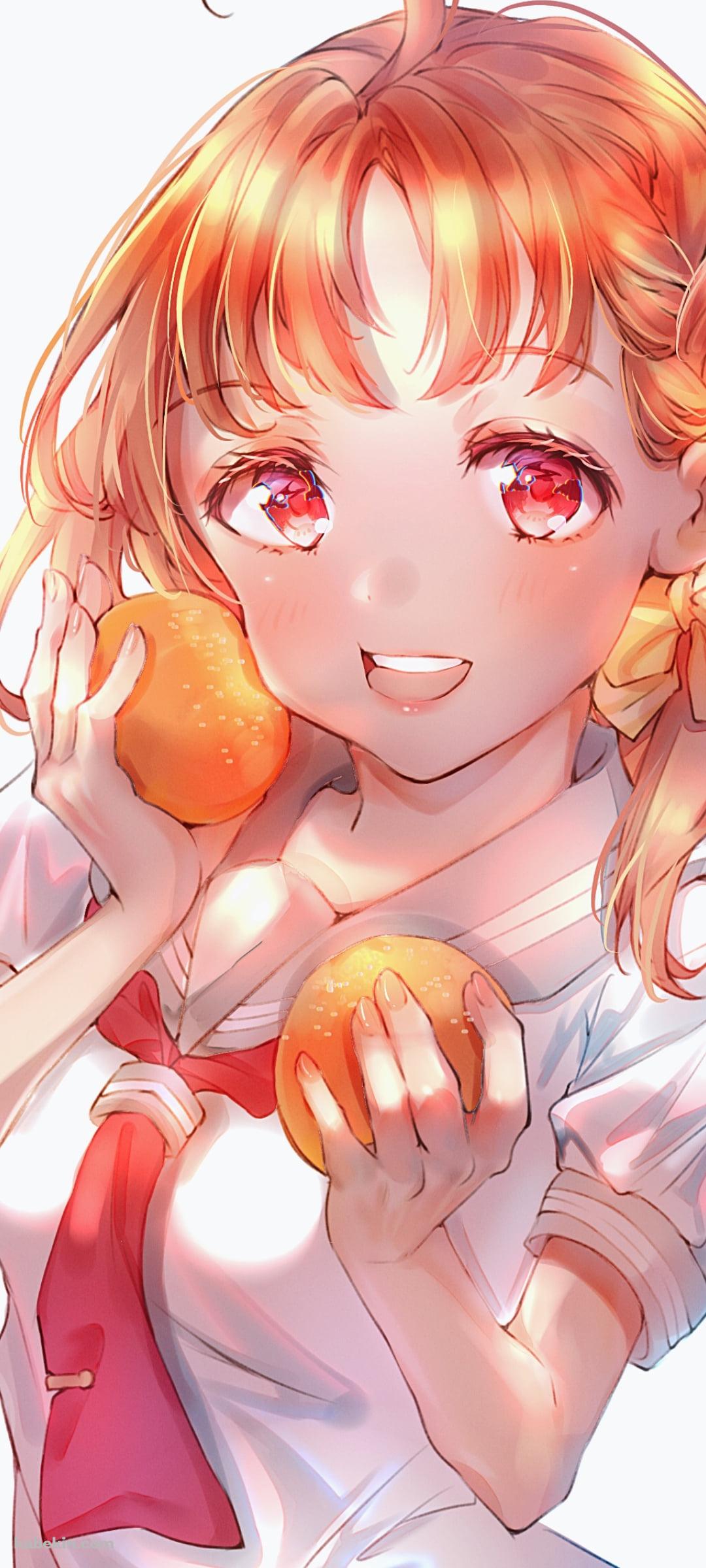 2個のオレンジを持つ可愛い高海千歌 / みかん / オレンジの髪色 / ラブライブ!サンシャイン!!のAndroidの壁紙(1080px x 2400px) スマホ用
