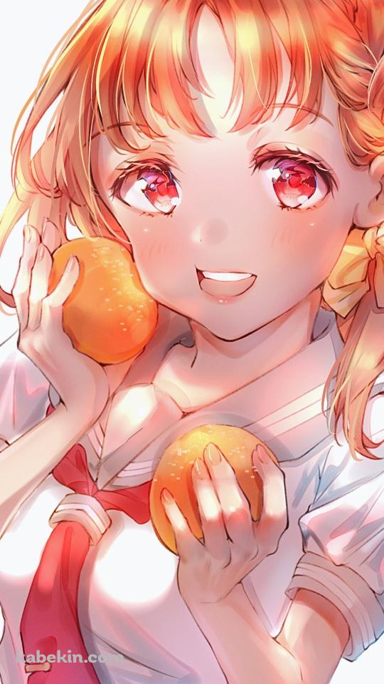 2個のオレンジを持つ可愛い高海千歌 / みかん / オレンジの髪色 / ラブライブ!サンシャイン!!のAndroidの壁紙(540px x 960px) スマホ用
