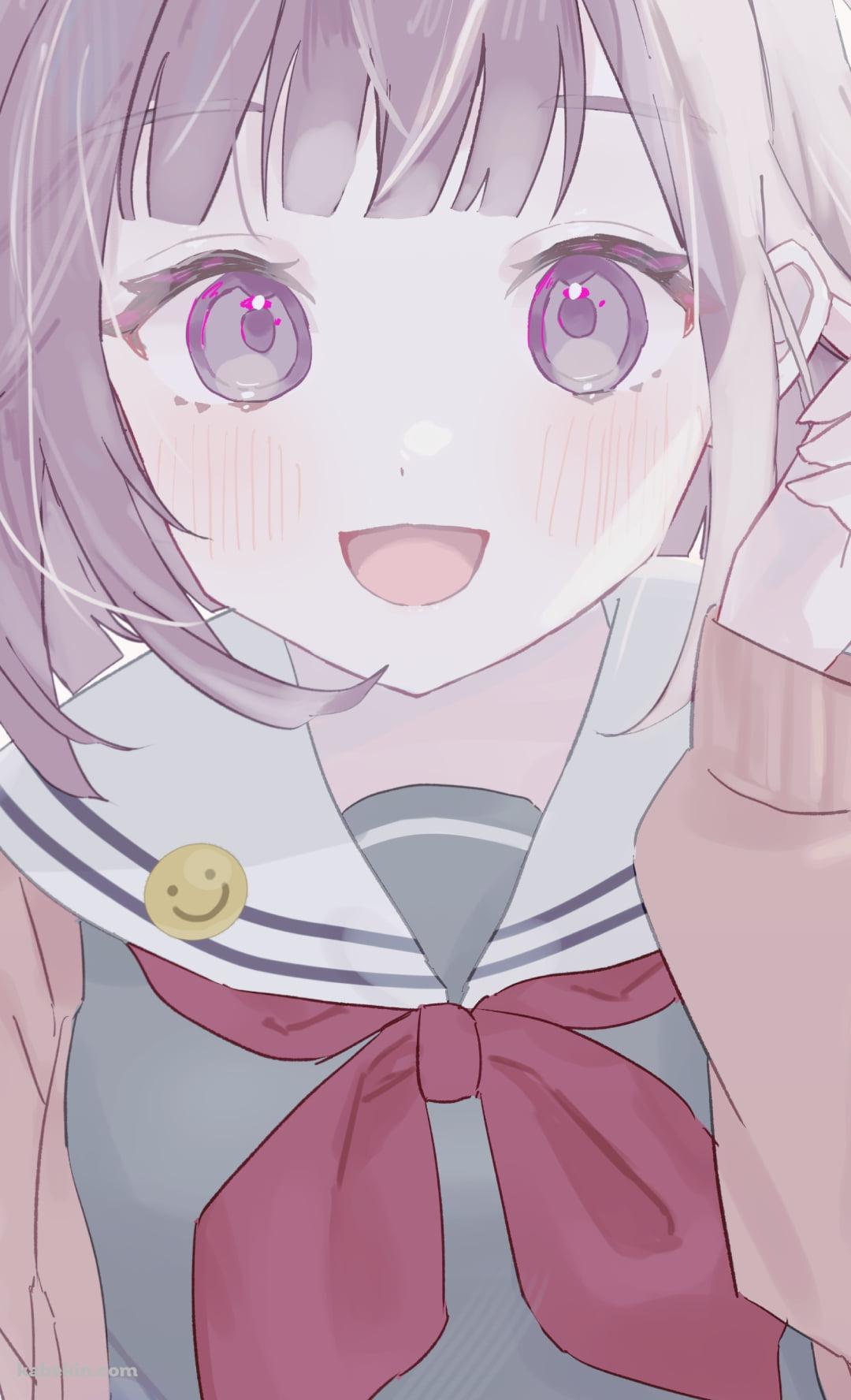 笑顔の鳳えむ / 制服 / 女子高生 / 赤いリボン / カーディガン / 淡い色調 / プロセカ / プロジェクトセカイのAndroidの壁紙(1080px x 1776px) スマホ用