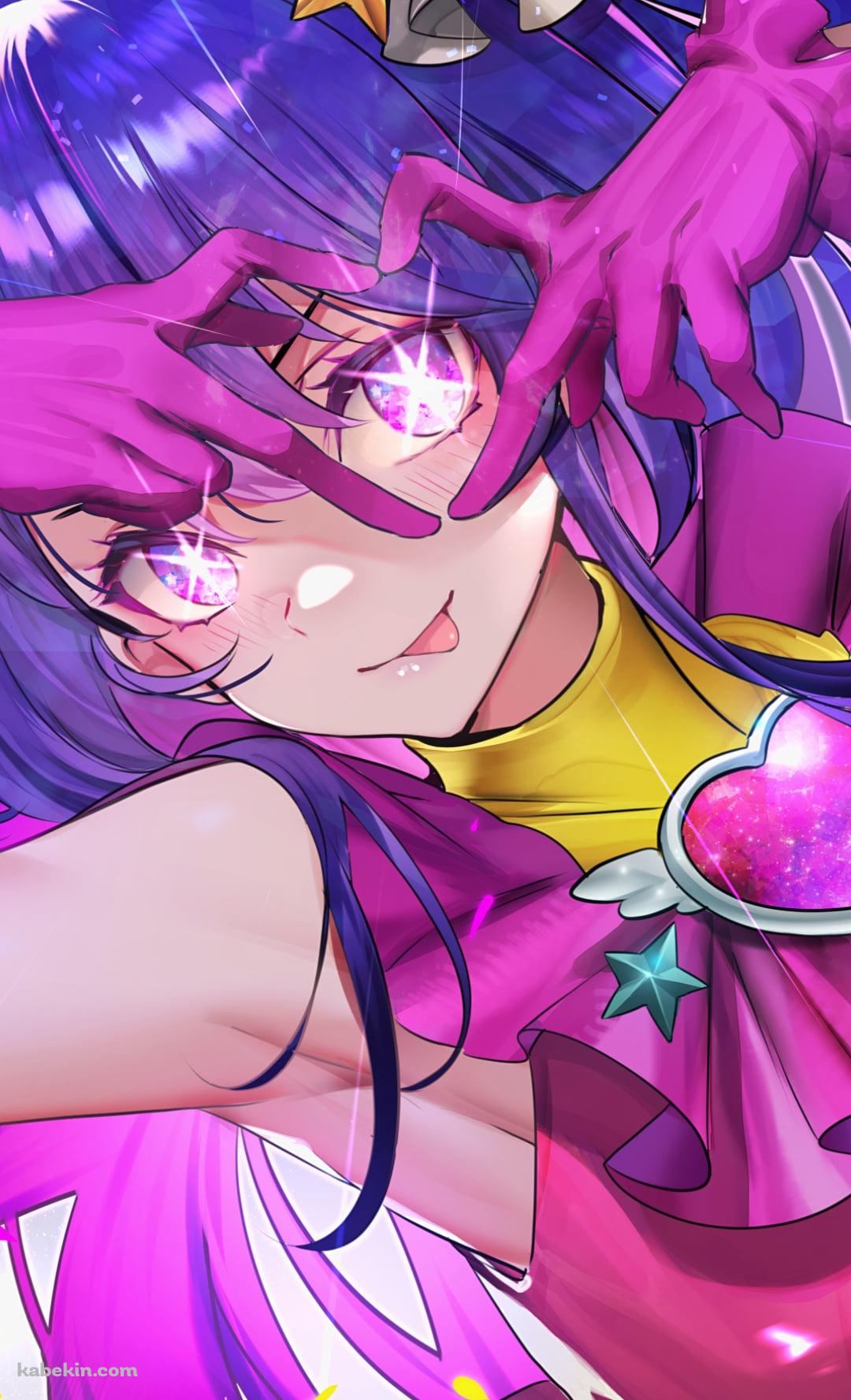 手でハートを作る舌を出した星野アイ / ピンクの手袋 / 紫の髪 / ピンクの瞳 / アイドル / 推しの子のAndroidの壁紙(1080px x 1776px) スマホ用