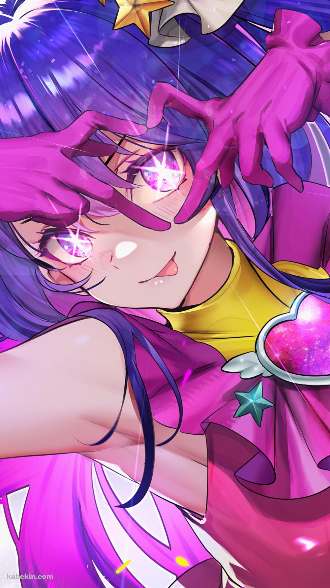 手でハートを作る舌を出した星野アイ / ピンクの手袋 / 紫の髪 / ピンクの瞳 / アイドル / 推しの子のAndroidの壁紙(1080px x 1920px) スマホ用