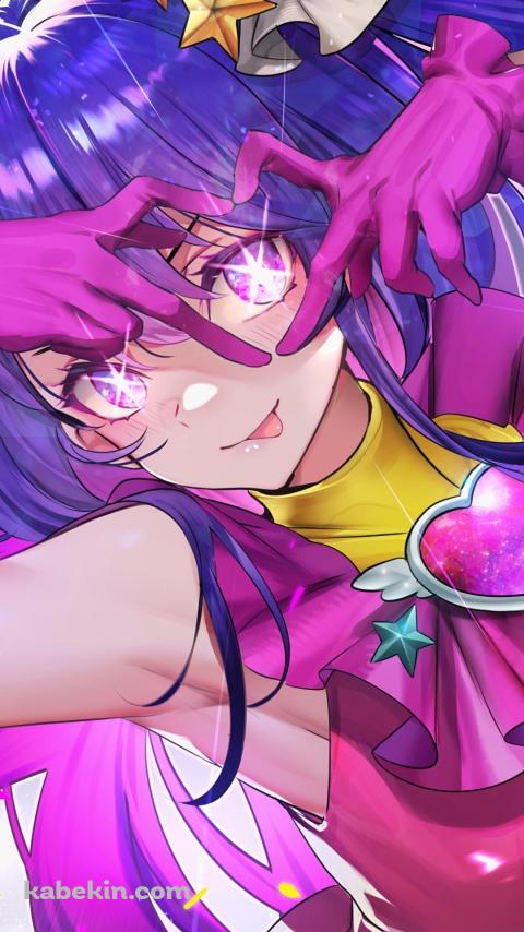 手でハートを作る舌を出した星野アイ / ピンクの手袋 / 紫の髪 / ピンクの瞳 / アイドル / 推しの子のAndroidの壁紙(480px x 854px) スマホ用