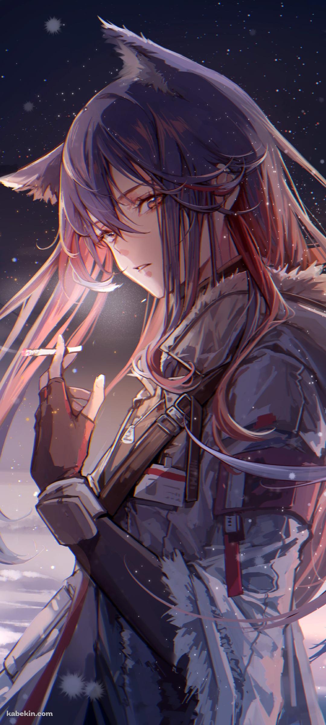 雪が降る中、タバコを吸うテキサス / アークナイツのAndroidの壁紙(1080px x 2400px) スマホ用