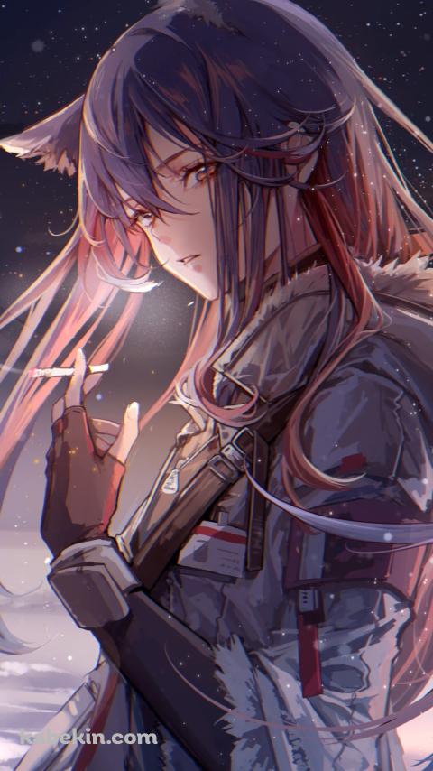 雪が降る中、タバコを吸うテキサス / アークナイツのAndroidの壁紙(480px x 854px) スマホ用
