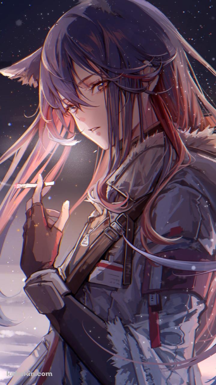 雪が降る中、タバコを吸うテキサス / アークナイツのAndroidの壁紙(720px x 1280px) スマホ用
