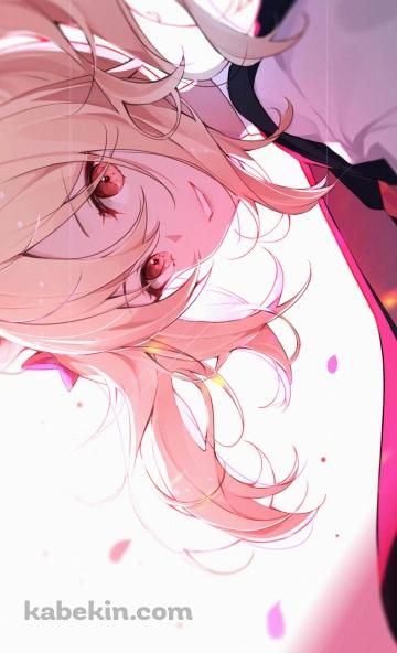 こちらに微笑むソラ / 赤い瞳 / 金髪 / ピンクの花びら / アークナイツのAndroidの壁紙(360px x 592px) スマホ用