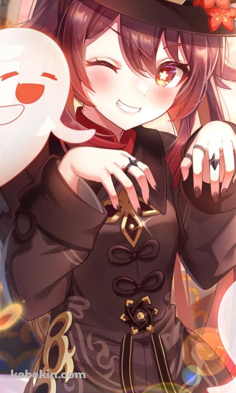 笑顔でウィンクする胡桃 / 梅の花 / 紅葉 / お化け / オレンジの蝶 / 原神のAndroidの壁紙(480px x 800px) スマホ用