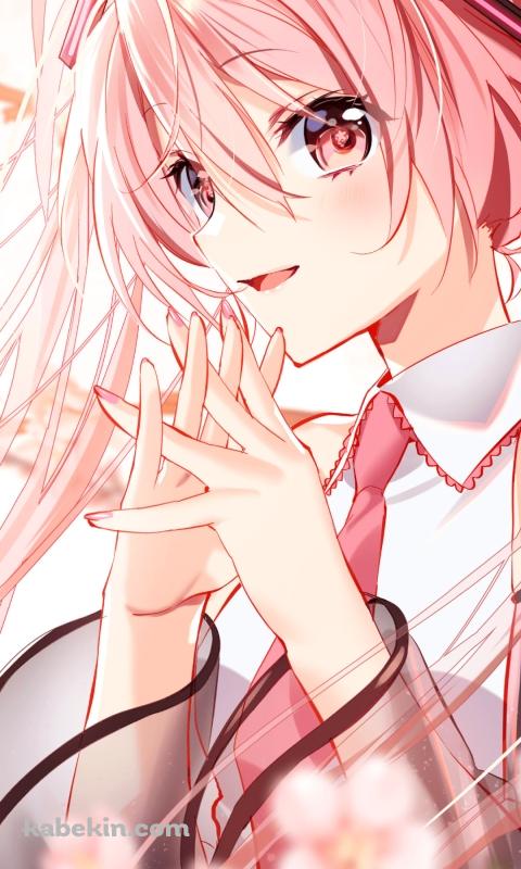 両手を組み笑顔の桜ミク / ピンクのロングヘア― / ツインテール / 桜 / ピンボケ / 初音ミク / ボカロ / ボーカロイドのAndroidの壁紙(480px x 800px) スマホ用