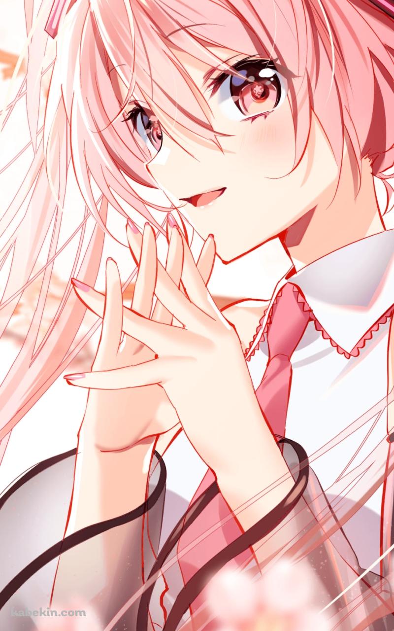 両手を組み笑顔の桜ミク / ピンクのロングヘア― / ツインテール / 桜 / ピンボケ / 初音ミク / ボカロ / ボーカロイドのAndroidの壁紙(800px x 1280px) スマホ用