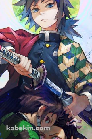 竈門禰豆子を守る竈門炭治郎 / 抜刀する冨岡義勇 / 鬼滅の刃のAndroidの壁紙(320px x 480px) スマホ用