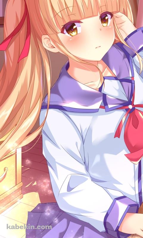 制服を着た可愛い遊佐 / 窓際 / 金髪 / 赤いリボン / エンジェル ビーツ!のAndroidの壁紙(480px x 800px) スマホ用