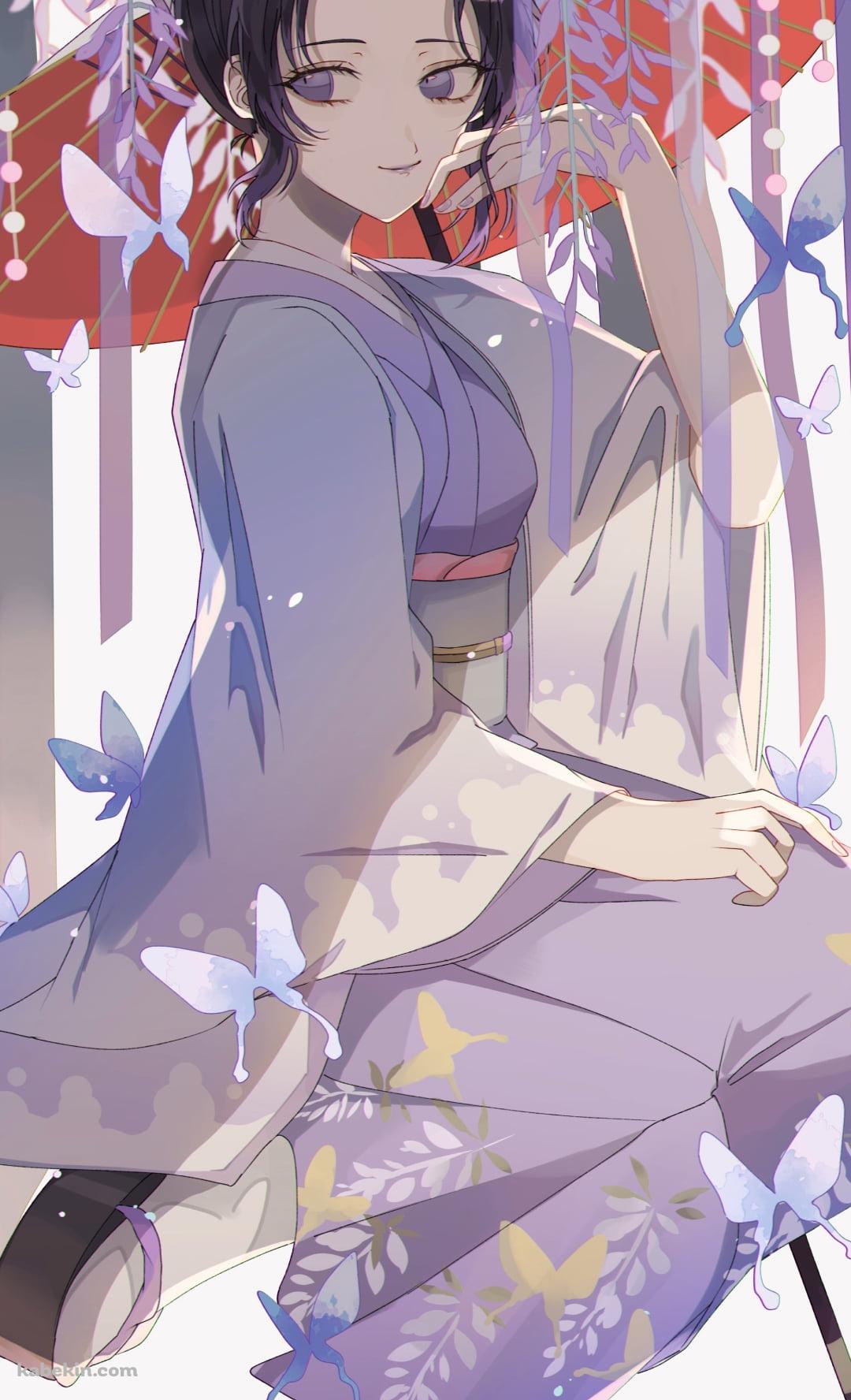 藤の花と蝶に囲まれる胡蝶しのぶ / 鬼滅の刃のAndroidの壁紙(1080px x 1776px) スマホ用