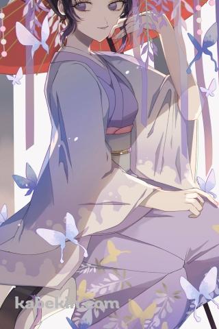 藤の花と蝶に囲まれる胡蝶しのぶ / 鬼滅の刃のAndroidの壁紙(320px x 480px) スマホ用