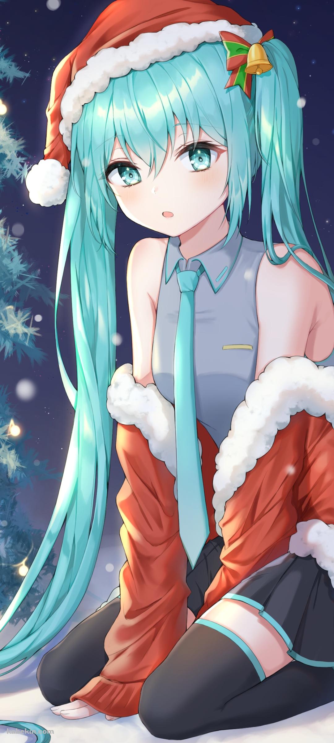 サンタコスの可愛い初音ミク / クリスマスツリー / ボカロ / ボーカロイドのAndroidの壁紙(1080px x 2400px) スマホ用