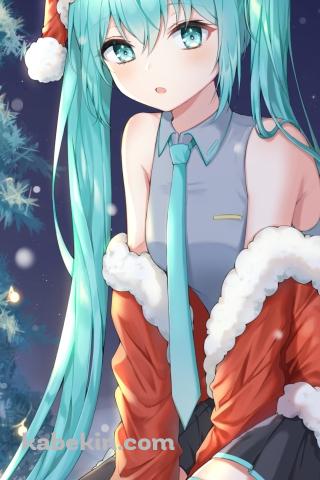 サンタコスの可愛い初音ミク / クリスマスツリー / ボカロ / ボーカロイドのAndroidの壁紙(320px x 480px) スマホ用