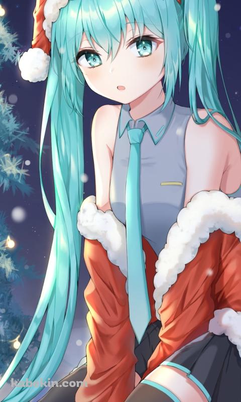 サンタコスの可愛い初音ミク / クリスマスツリー / ボカロ / ボーカロイドのAndroidの壁紙(480px x 800px) スマホ用