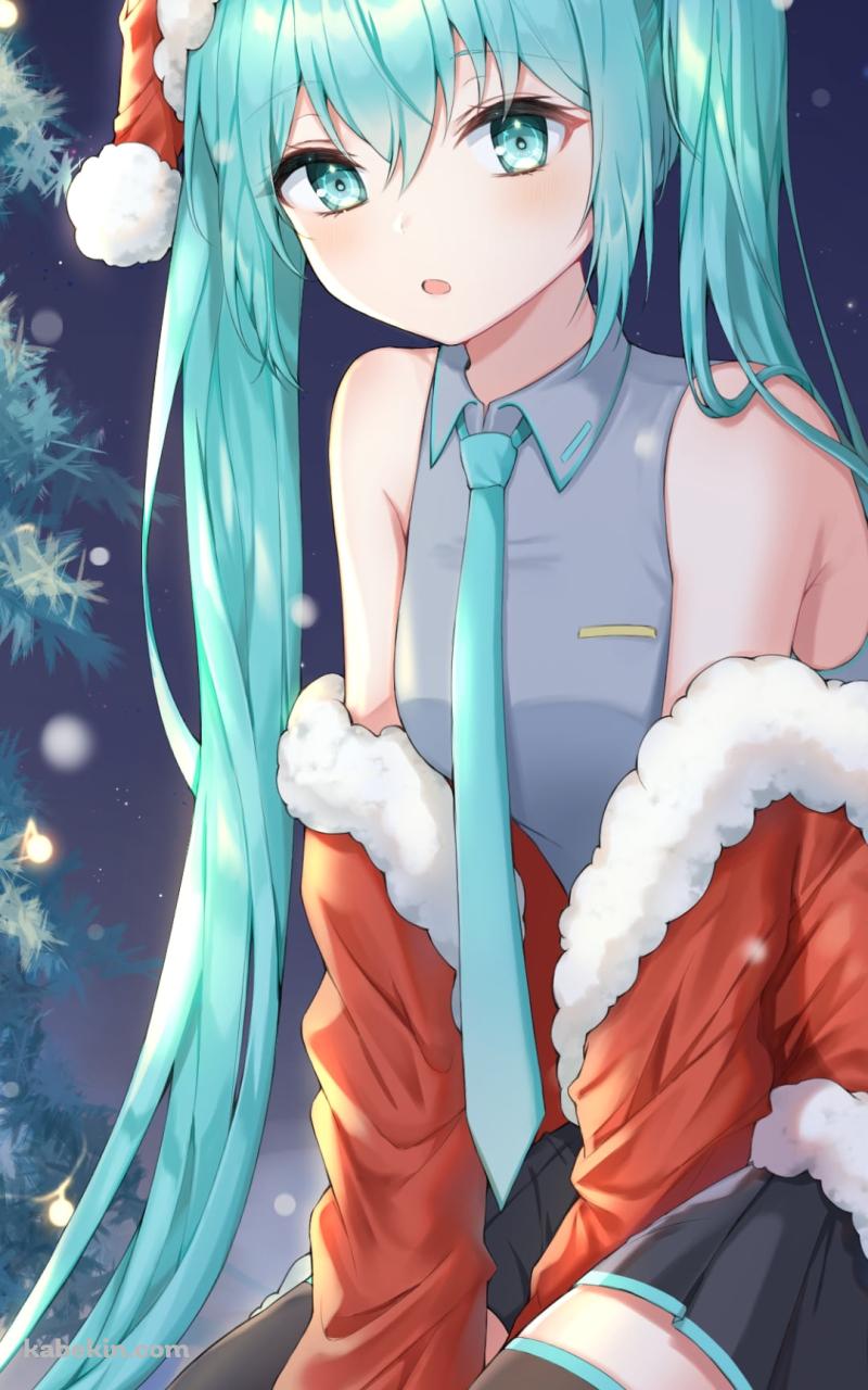 サンタコスの可愛い初音ミク / クリスマスツリー / ボカロ / ボーカロイドのAndroidの壁紙(800px x 1280px) スマホ用