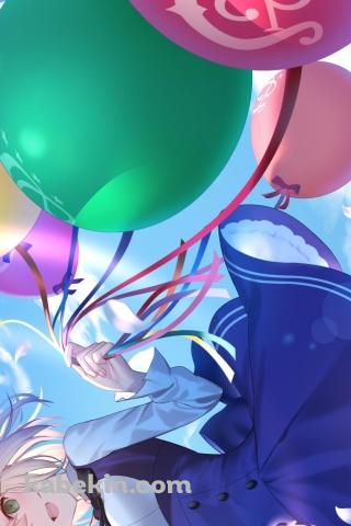 青空の下、カラフルな風船を持つセイバー / FateのAndroidの壁紙(320px x 480px) スマホ用