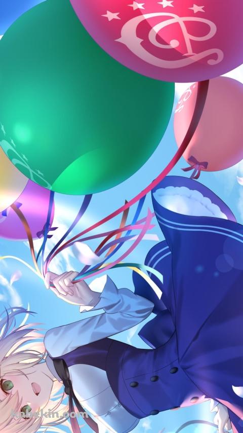 青空の下、カラフルな風船を持つセイバー / FateのAndroidの壁紙(480px x 854px) スマホ用