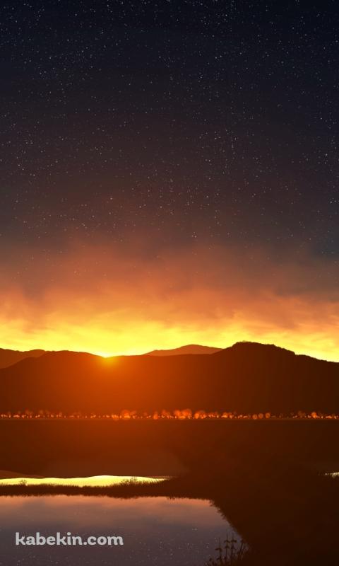 星空が鏡面反射して映り込む水田 / 田舎 / 綺麗 / あぜ道のAndroidの壁紙(480px x 800px) スマホ用