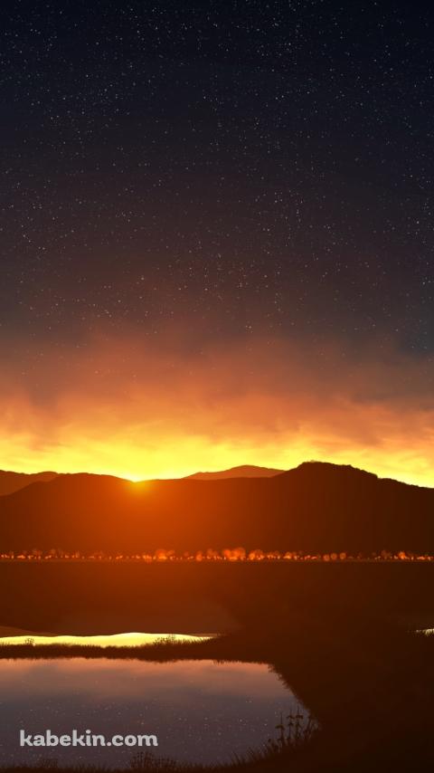 星空が鏡面反射して映り込む水田 / 田舎 / 綺麗 / あぜ道のAndroidの壁紙(480px x 854px) スマホ用