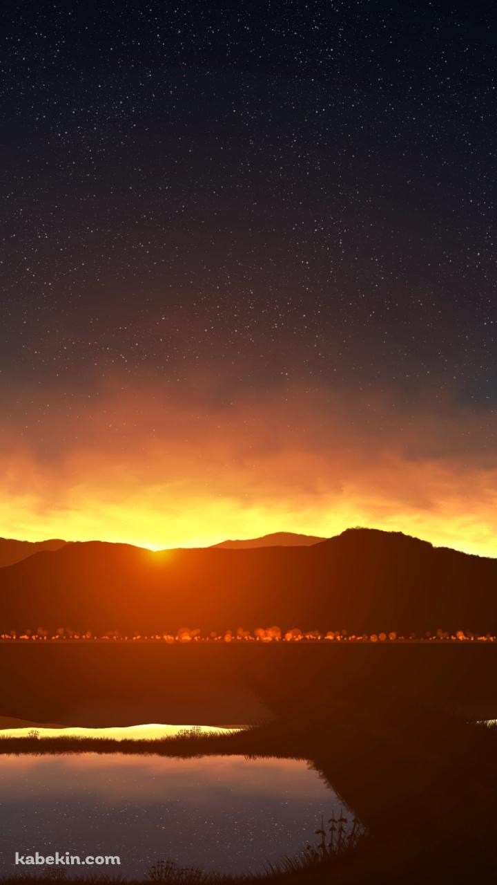 星空が鏡面反射して映り込む水田 / 田舎 / 綺麗 / あぜ道のAndroidの壁紙(720px x 1280px) スマホ用