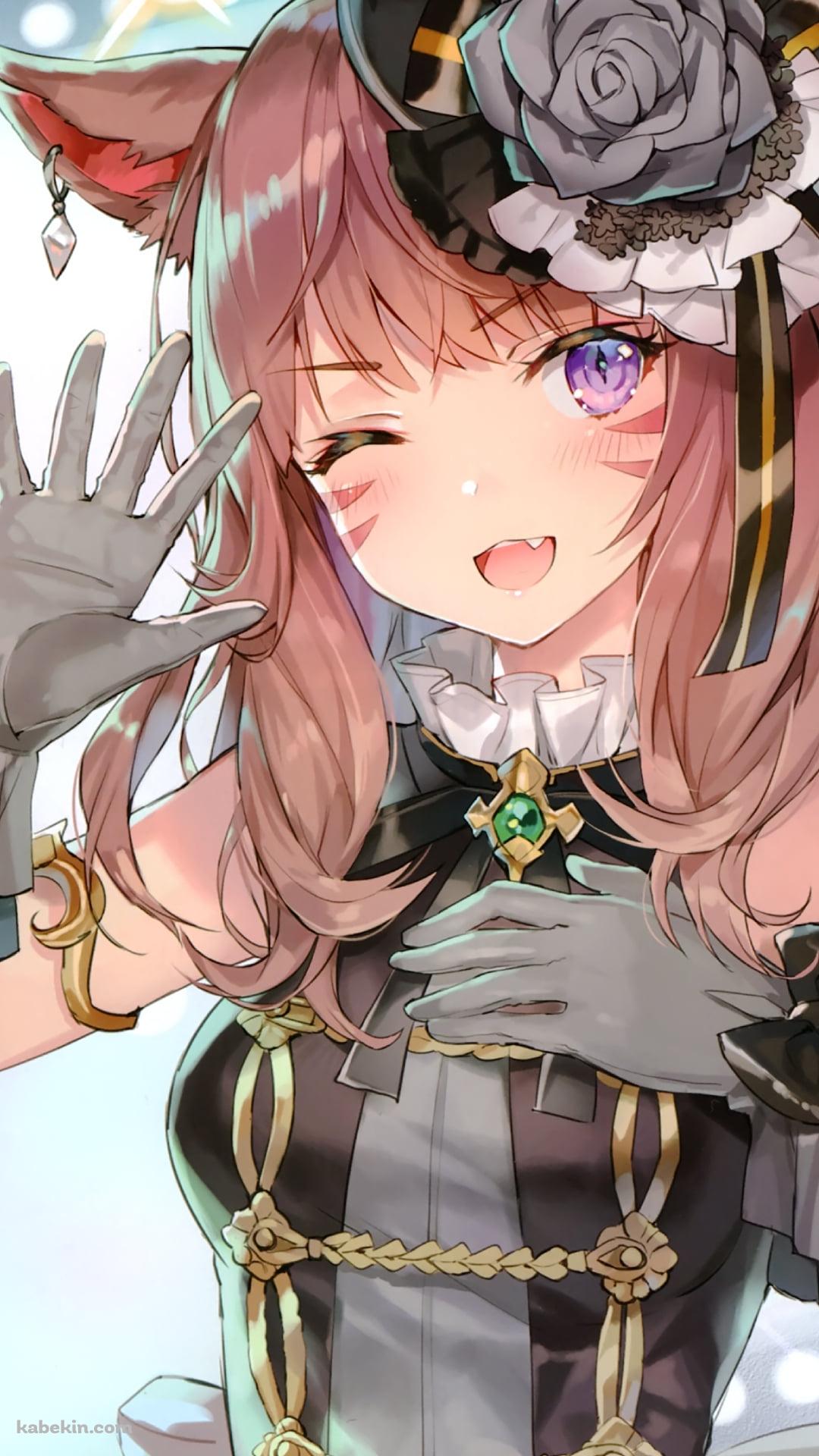 手を振りウィンクする可愛いミコッテ / ファイナルファンタジー14のAndroidの壁紙(1080px x 1920px) スマホ用