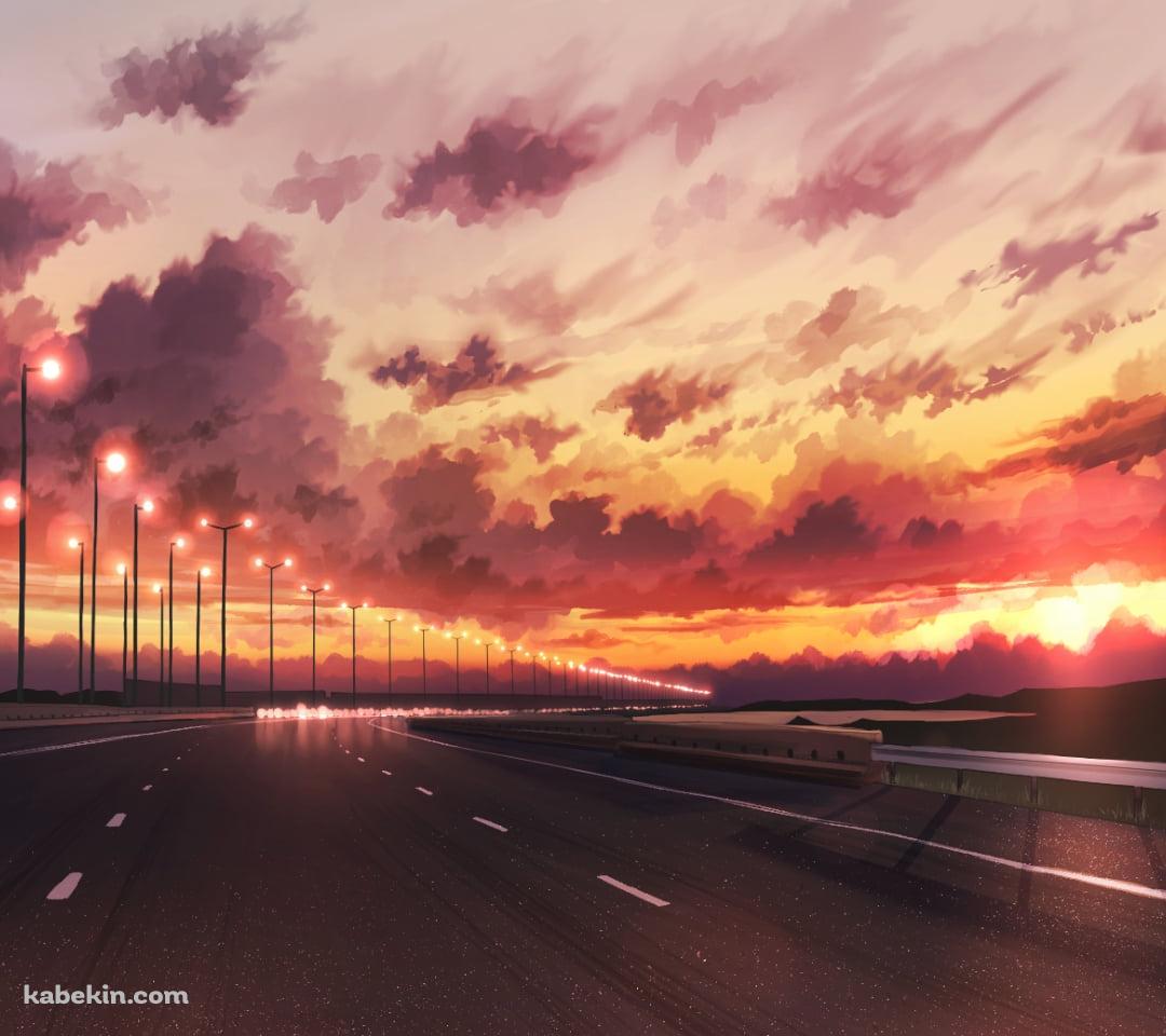 夕暮れ時に高速道路を疾走する車 / 白線 / 三日月のAndroidの壁紙(1080px x 960px) スマホ用