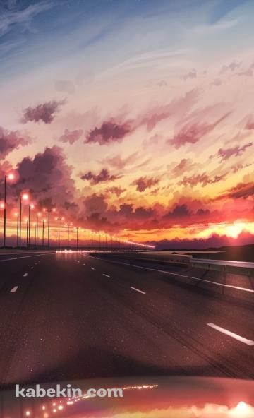 夕暮れ時に高速道路を疾走する車 / 白線 / 三日月のAndroidの壁紙(360px x 592px) スマホ用