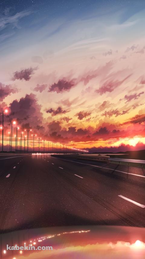 夕暮れ時に高速道路を疾走する車 / 白線 / 三日月のAndroidの壁紙(480px x 854px) スマホ用