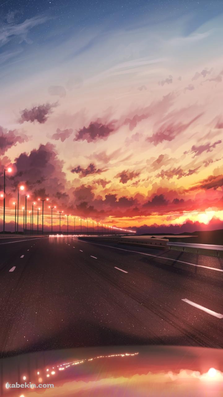 夕暮れ時に高速道路を疾走する車 / 白線 / 三日月のAndroidの壁紙(720px x 1280px) スマホ用