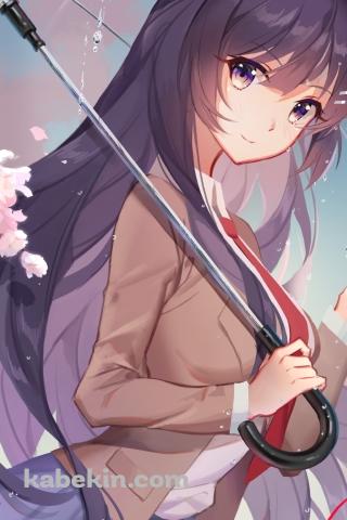 ビニール傘をさす桜島麻衣 / 桜の花 / 赤い糸 / 青春ブタ野郎はバニーガール先輩の夢を見ないのAndroidの壁紙(320px x 480px) スマホ用