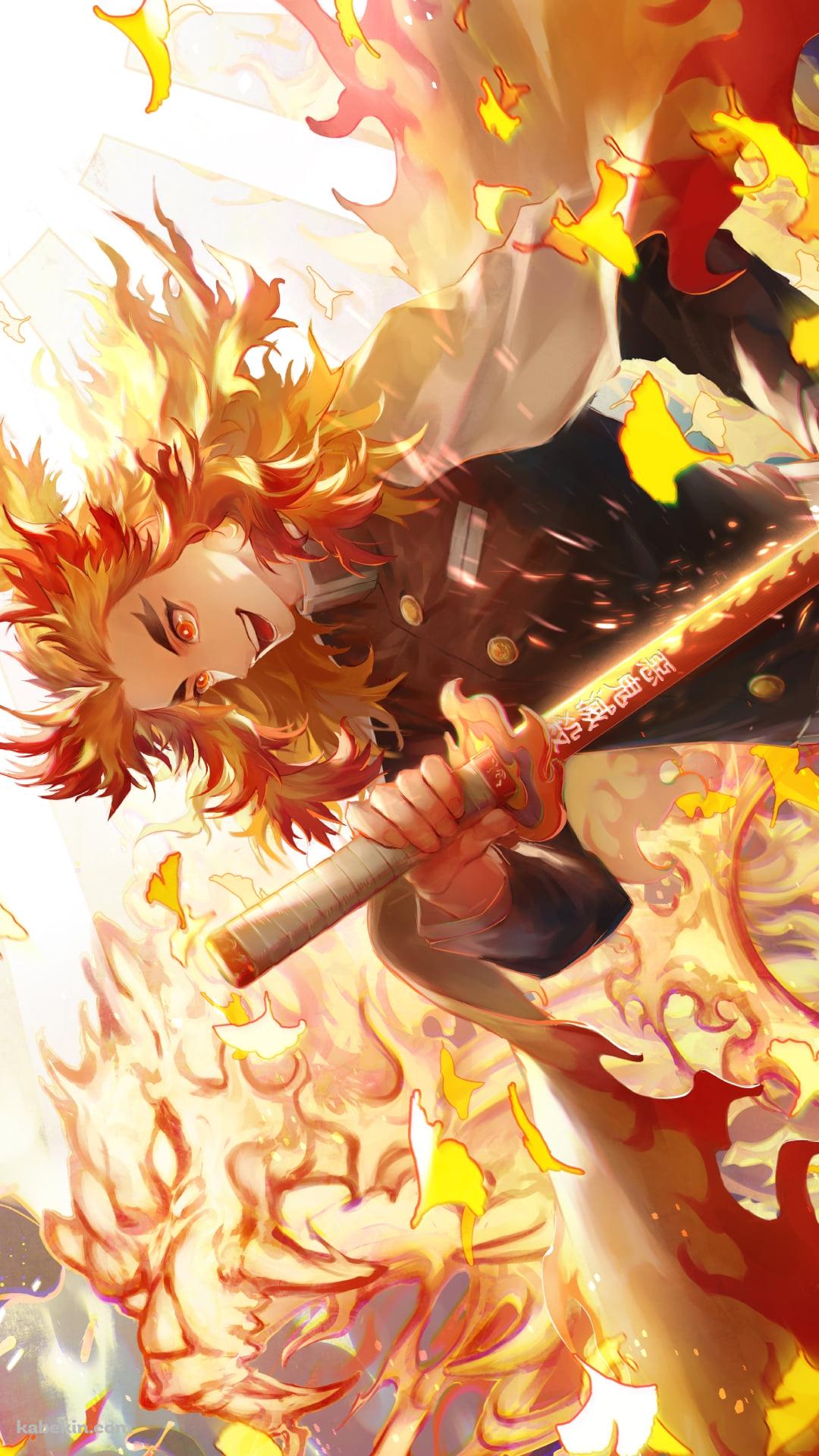 炎の中で笑う煉獄杏寿郎 / 鬼滅の刃のAndroidの壁紙(1080px x 1920px) スマホ用