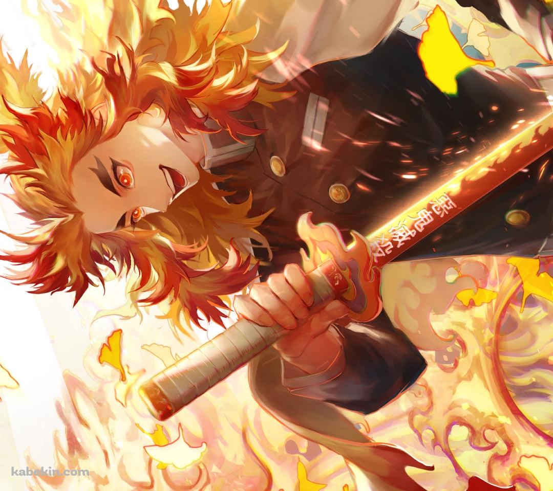 炎の中で笑う煉獄杏寿郎 / 鬼滅の刃のAndroidの壁紙(1080px x 960px) スマホ用