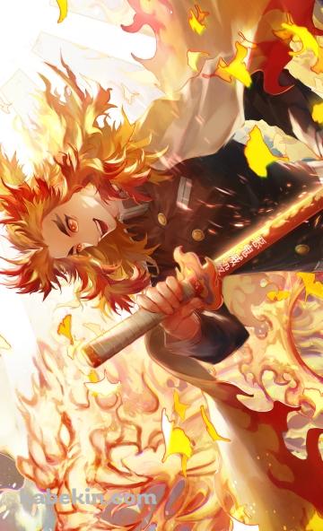 炎の中で笑う煉獄杏寿郎 / 鬼滅の刃のAndroidの壁紙(360px x 592px) スマホ用