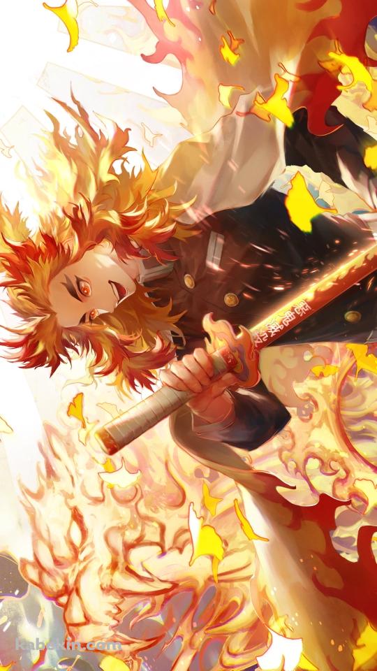 炎の中で笑う煉獄杏寿郎 / 鬼滅の刃のAndroidの壁紙(540px x 960px) スマホ用