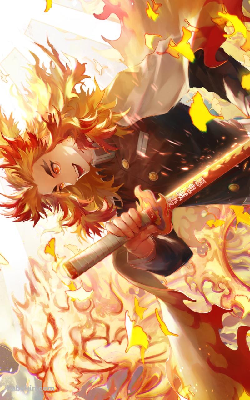 炎の中で笑う煉獄杏寿郎 / 鬼滅の刃のAndroidの壁紙(800px x 1280px) スマホ用